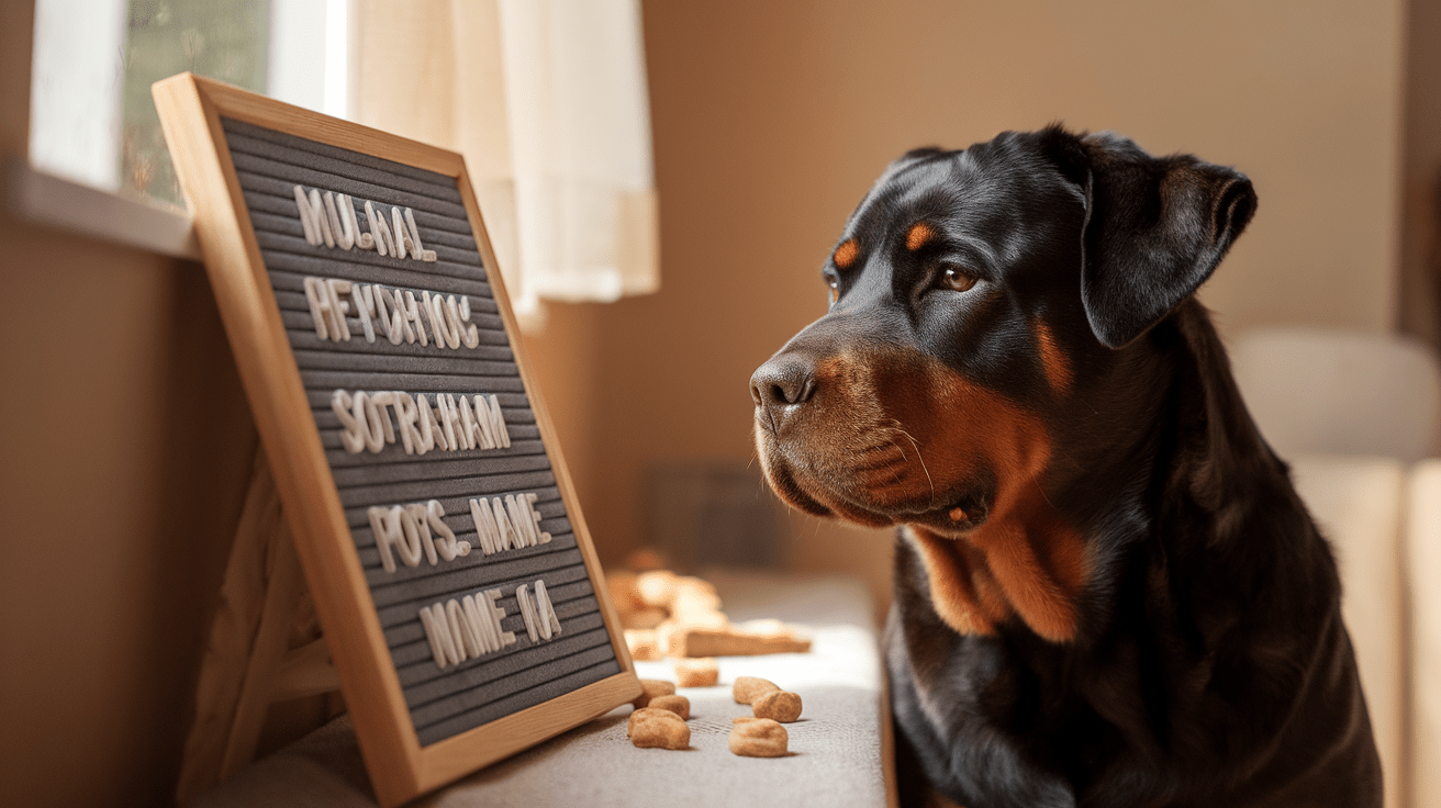 Rottweiler looking at a letter board displaying various dog names