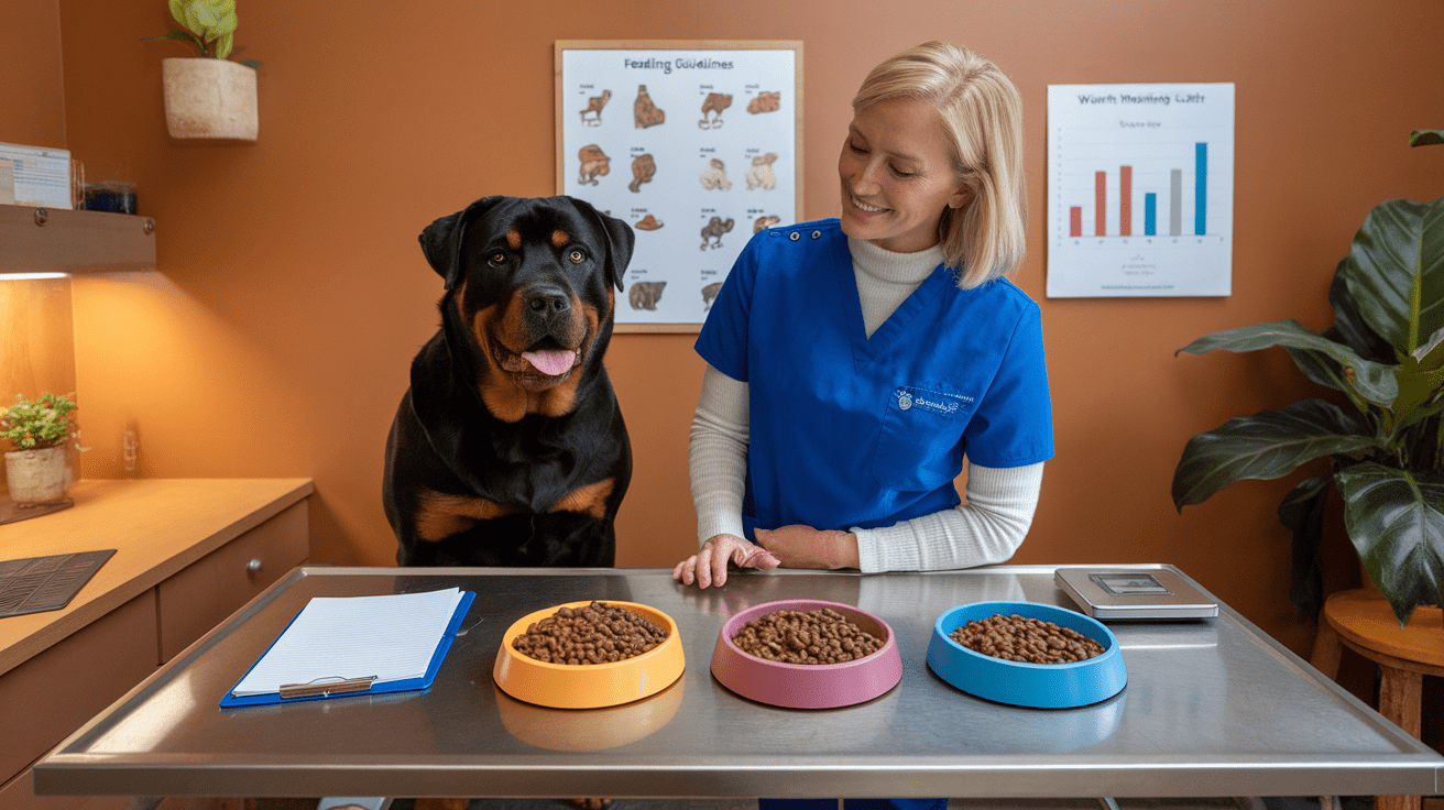 Veterinarian demonstrating proper meal portions for Rottweilers using three different-sized bowls on an examination table