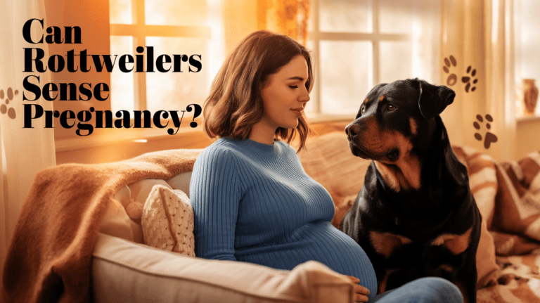 Rottweiler sitting protectively next to pregnant woman on couch with text overlay