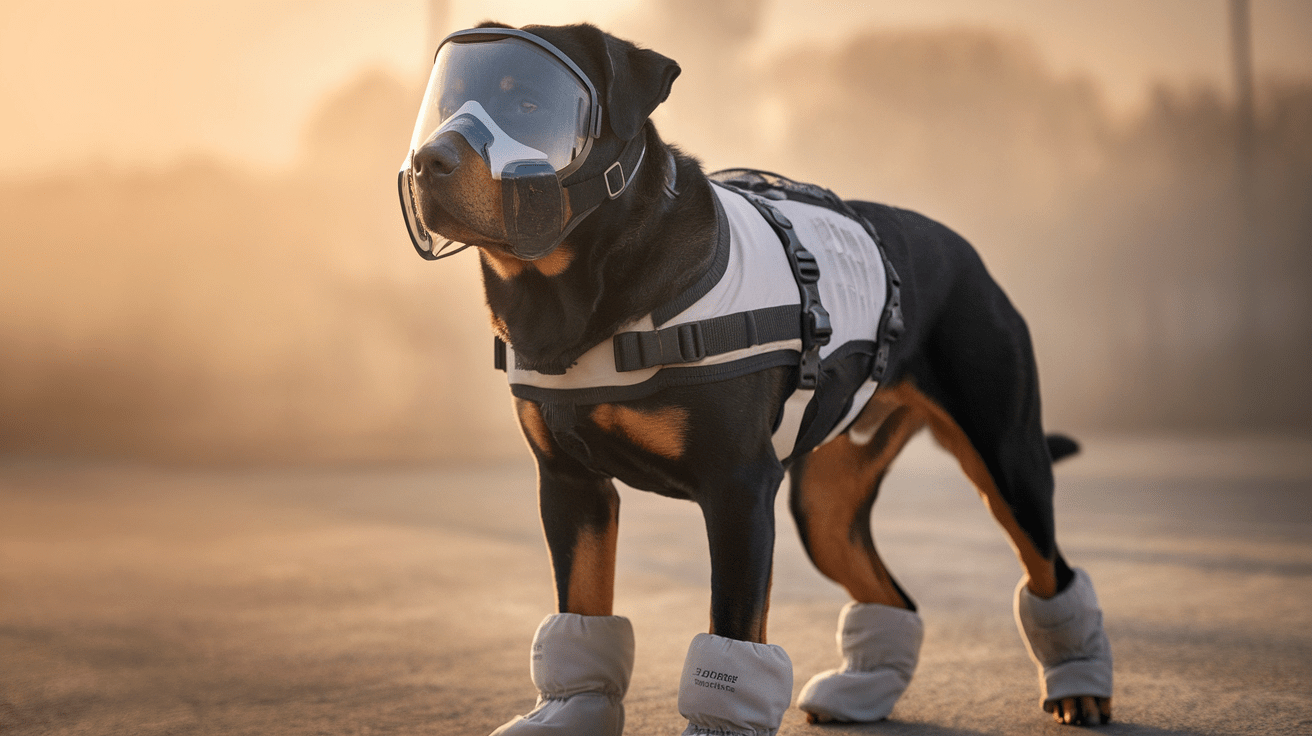 Rottweiler wearing protective face mask, booties, and cooling vest in smoky conditions