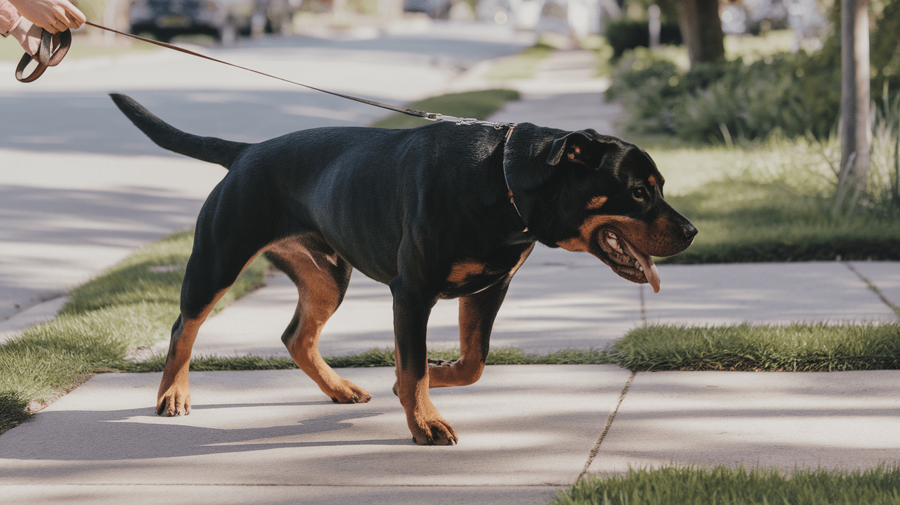 Rottweiler leash pulling while walking with owner on sidewalk, demonstrating typical pulling behavior