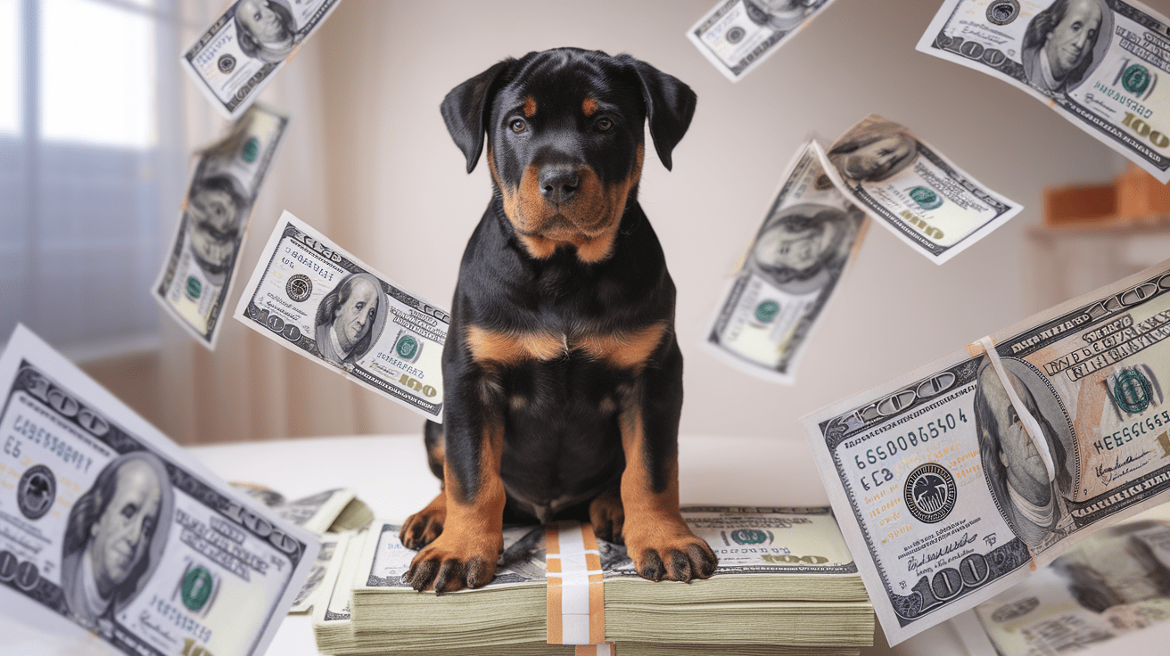 Rottweiler puppy sitting on stack of money with price tags and breeding documents