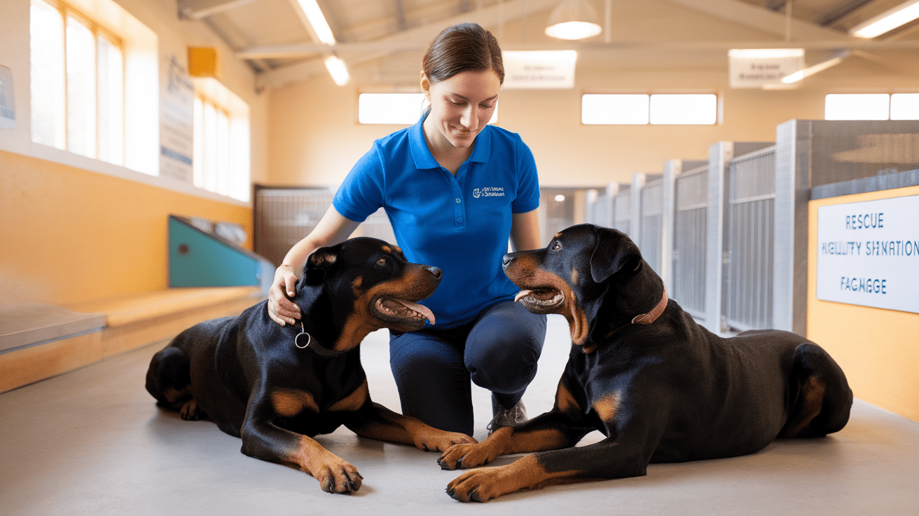 Rottweiler rescue dogs receiving care from a shelter worker in a professional rescue facility