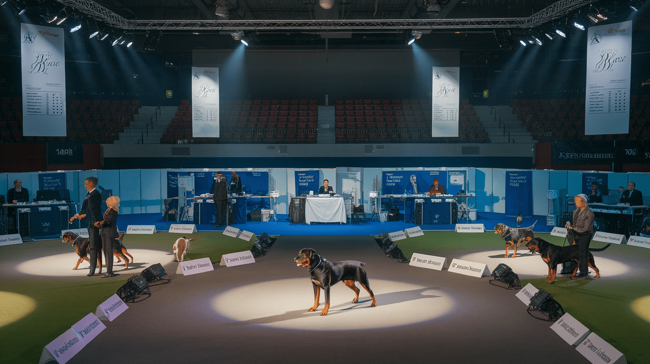 Rottweiler Events for January 2025 - Professional dog show arena with multiple Rottweilers and handlers competing in show rings under bright lighting