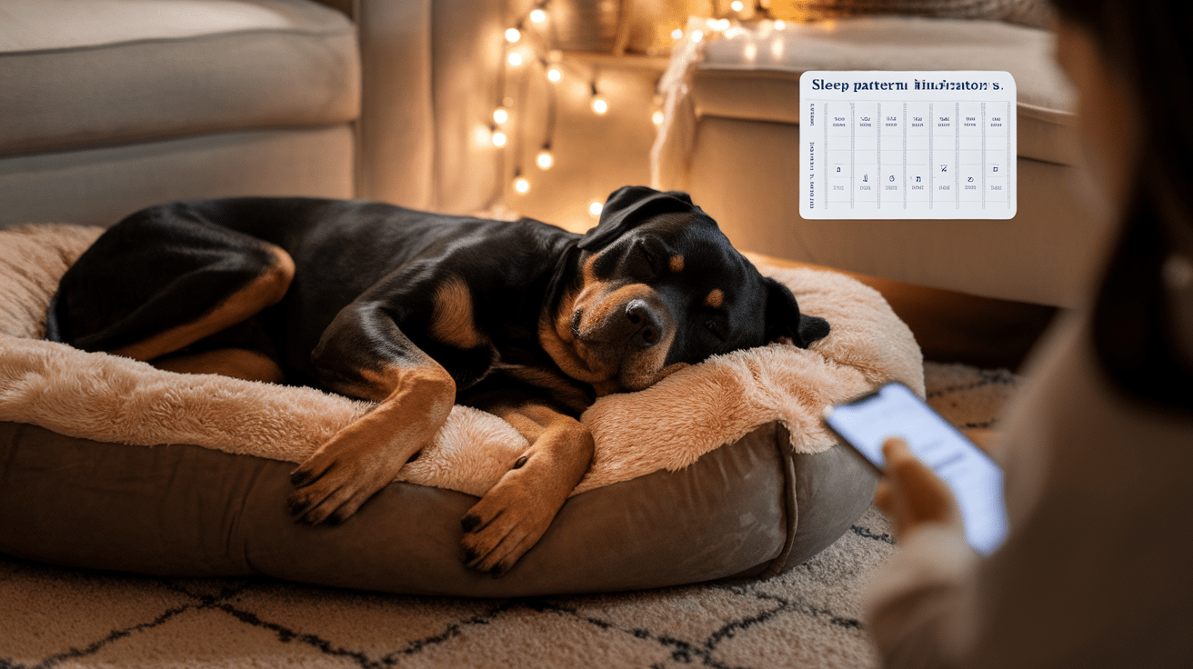 Rottweiler sleeping on dog bed while owner monitors behavior, with sleep pattern chart in corner