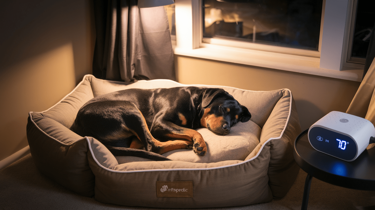 Rottweiler sleeping peacefully on an orthopedic bed in a cozy bedroom corner