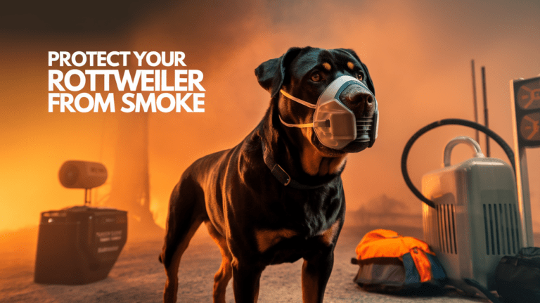 Rottweiler wearing protective mask in smoky environment with emergency preparedness items