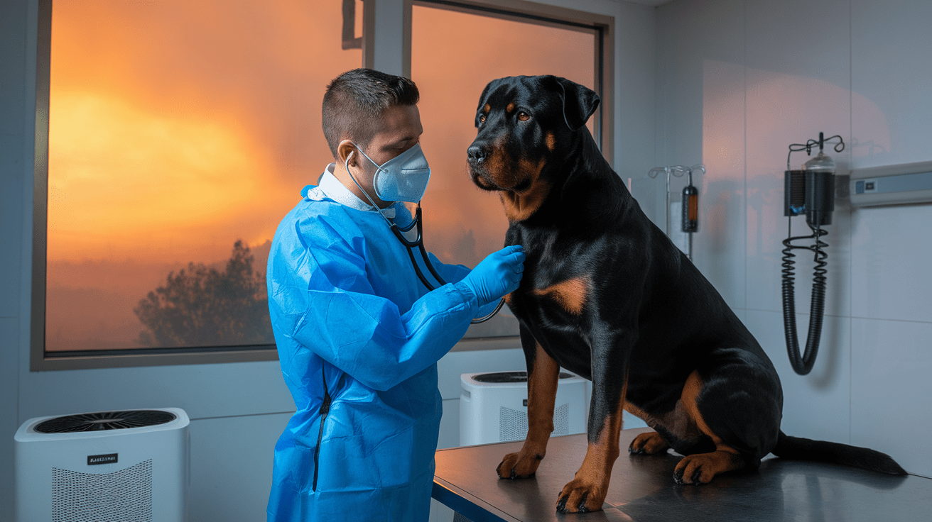 Protecting Your Rottweiler from Wildfire Smoke in 2025: Veterinarian examining a Rottweiler during smoky conditions with air purifier visible