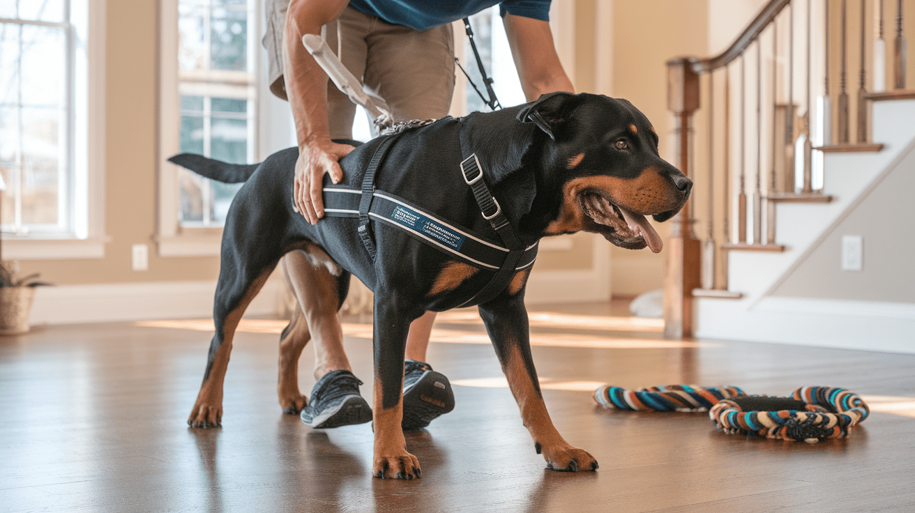 Rottweiler and owner performing indoor strength training exercises in a home setting