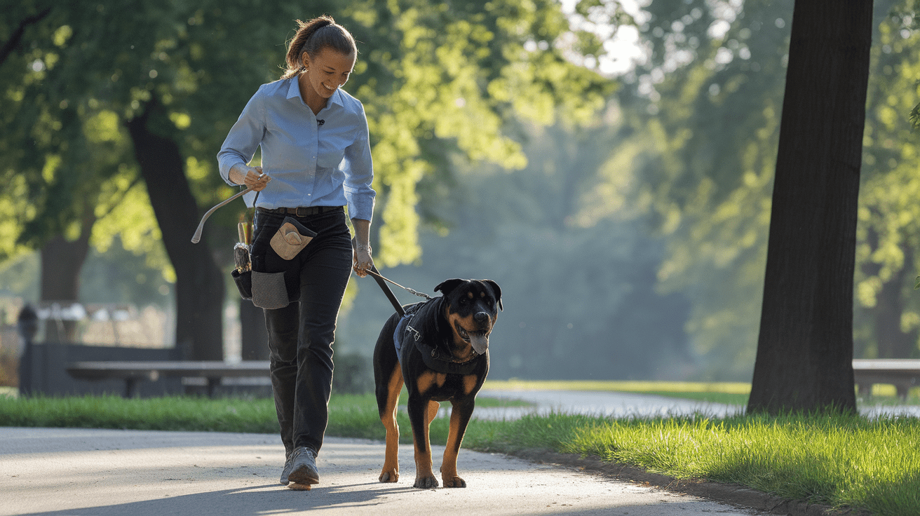 Professional dog trainer working with a Rottweiler on leash training in a park