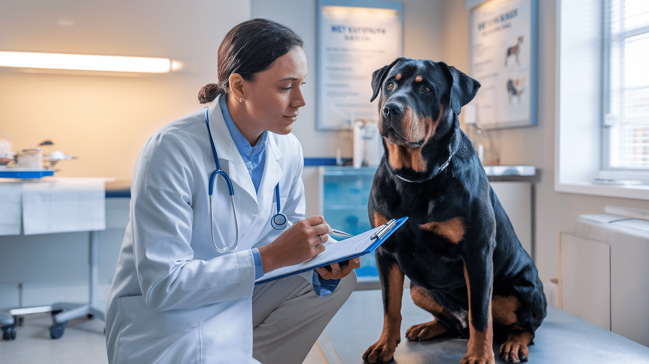 Veterinarian in white coat examining notes while crouching next to a calm Rottweiler in a medical office