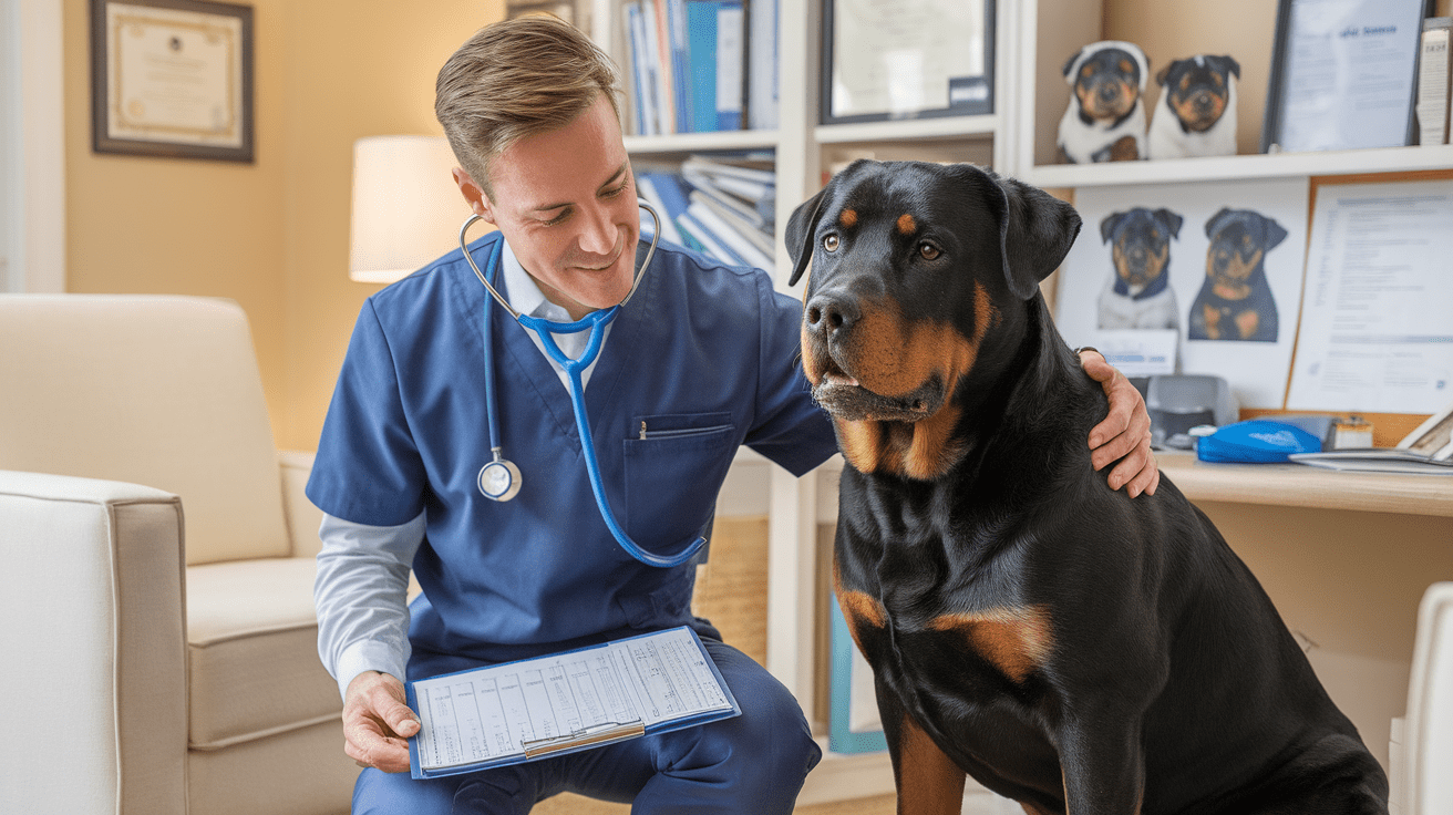 Veterinarian consulting with a healthy adult Rottweiler in a professional office setting