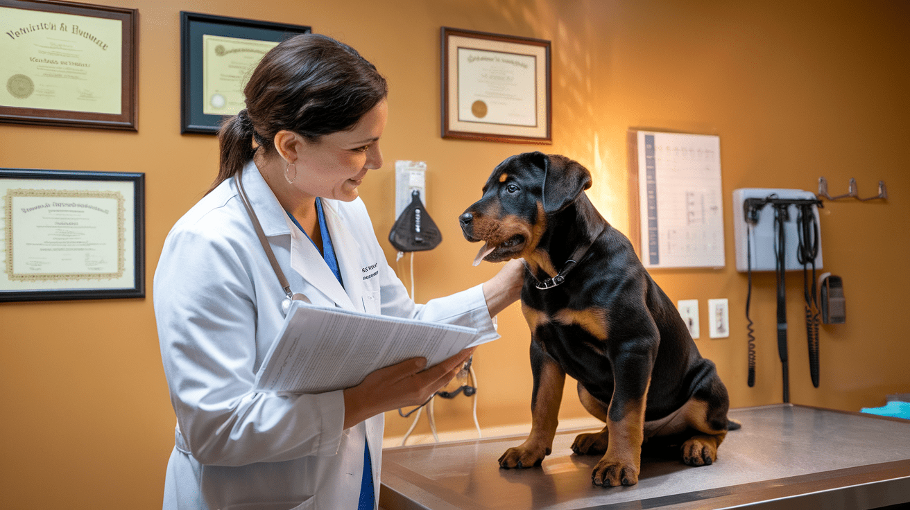 Veterinarian examining a Rottweiler puppy during a health check-up