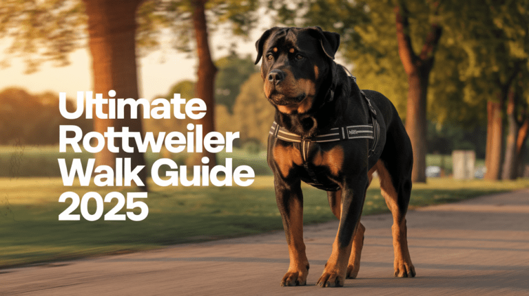 Rottweiler walking with owner on park path with text overlay about walking guide