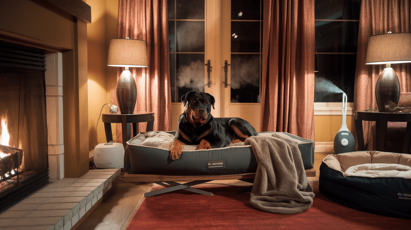 Winter Care Guide for Rottweilers 2025: A Rottweiler resting comfortably on an elevated bed in a winterized living room with climate control features