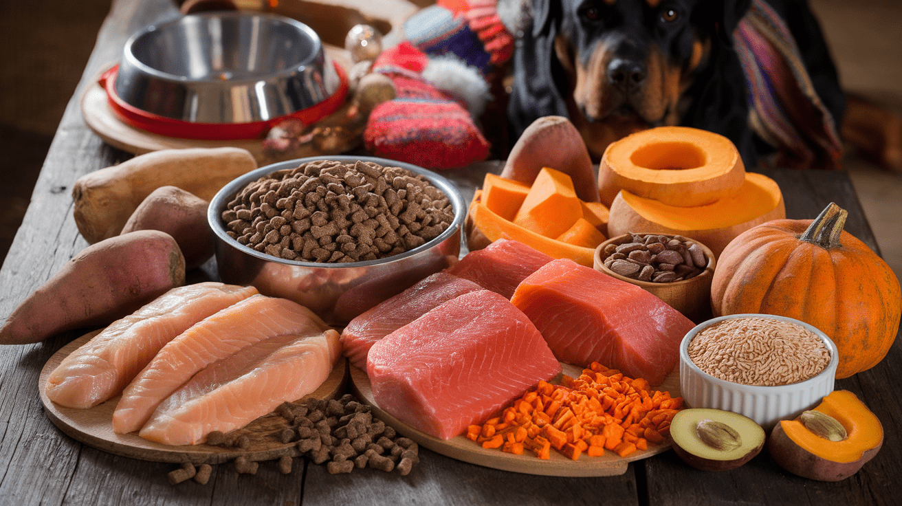 Healthy winter diet ingredients for Rottweilers displayed on wooden table including proteins, carbohydrates, and healthy fats