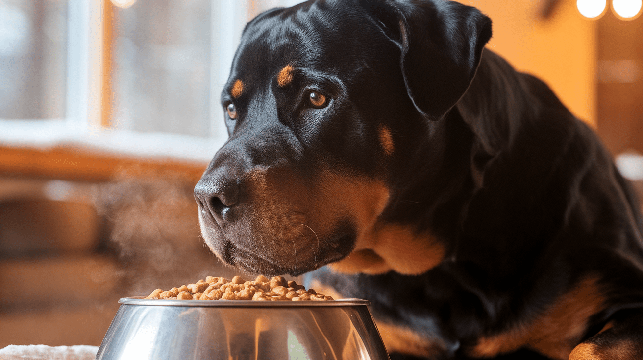 Rottweiler Winter Diet Guide: January 2025 Nutrition - A healthy Rottweiler eating from a bowl of specially prepared winter food in a warm indoor setting