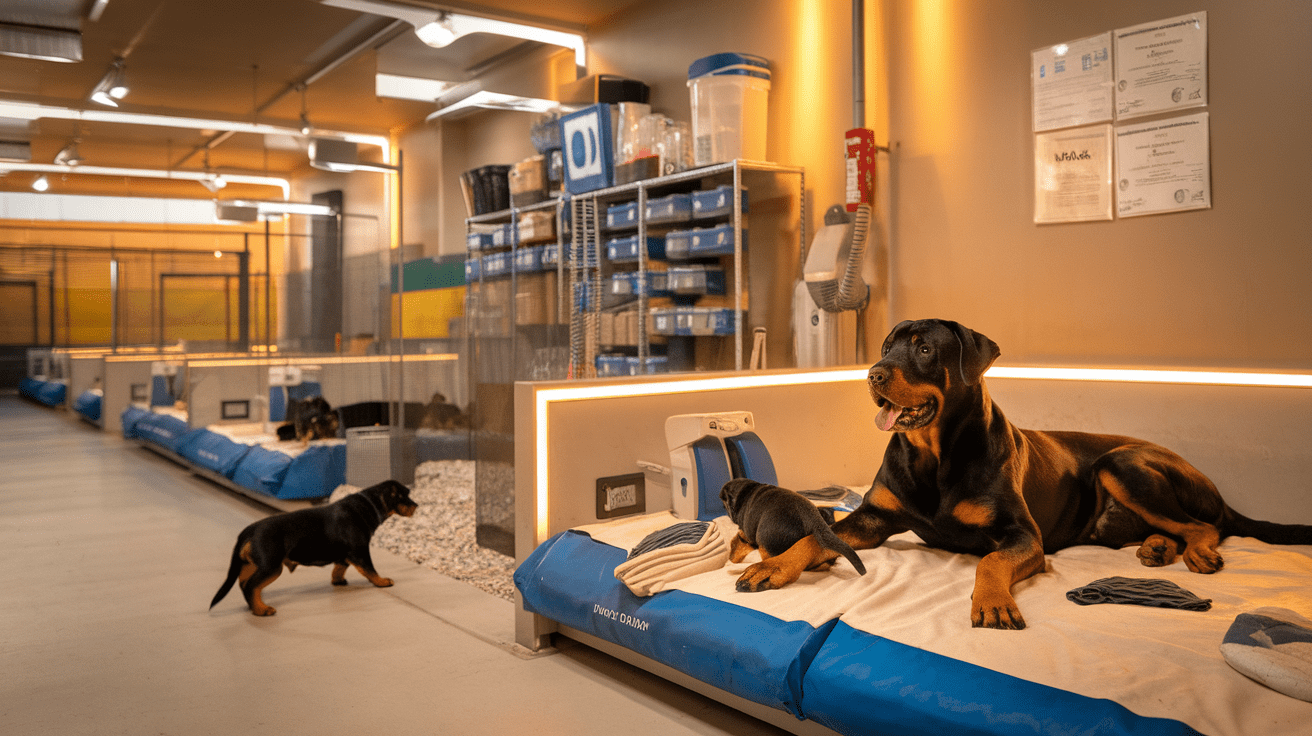 Rottweiler breeders in Texas - professional breeding facility with mother Rottweiler and puppies in clean, modern whelping area