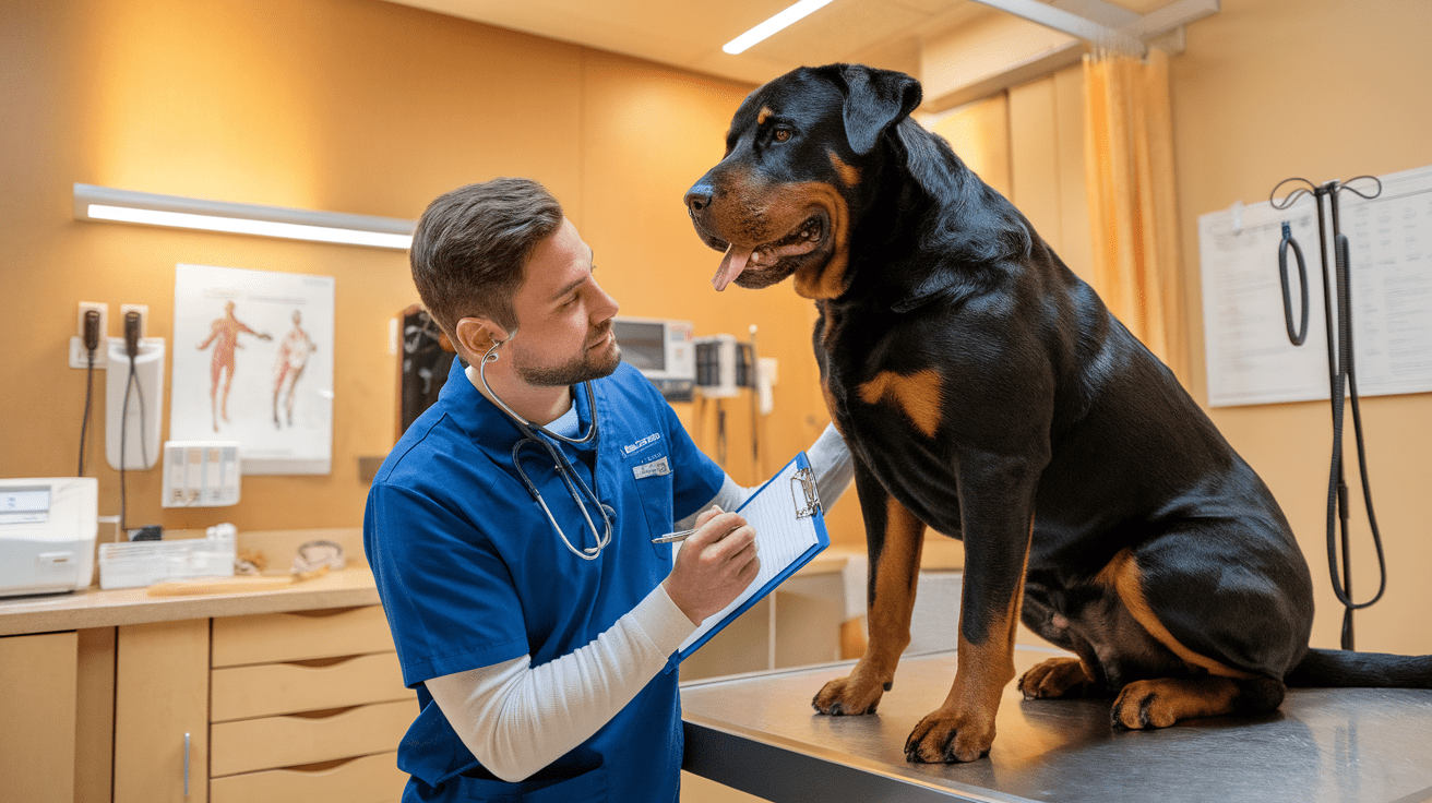 Veterinarian examining a Rottweiler dog in a clinical setting