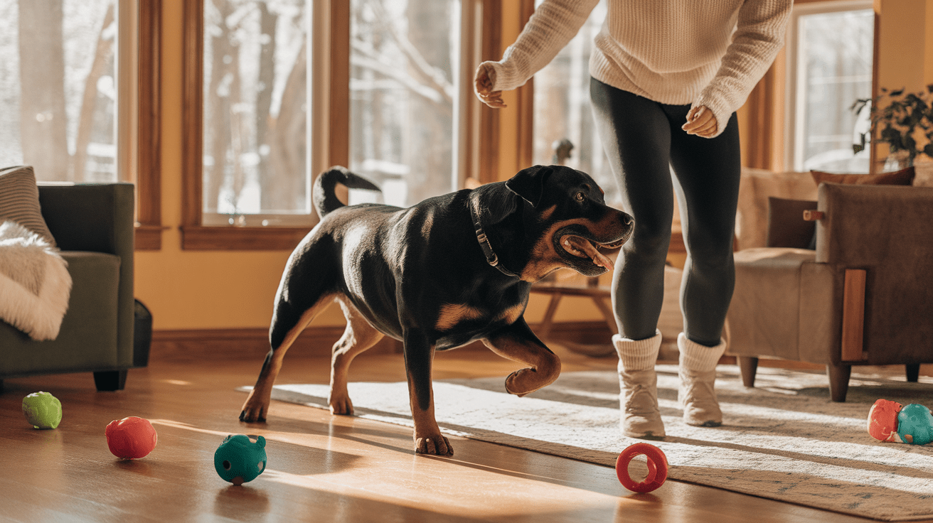 Rottweiler and owner exercising indoors during winter