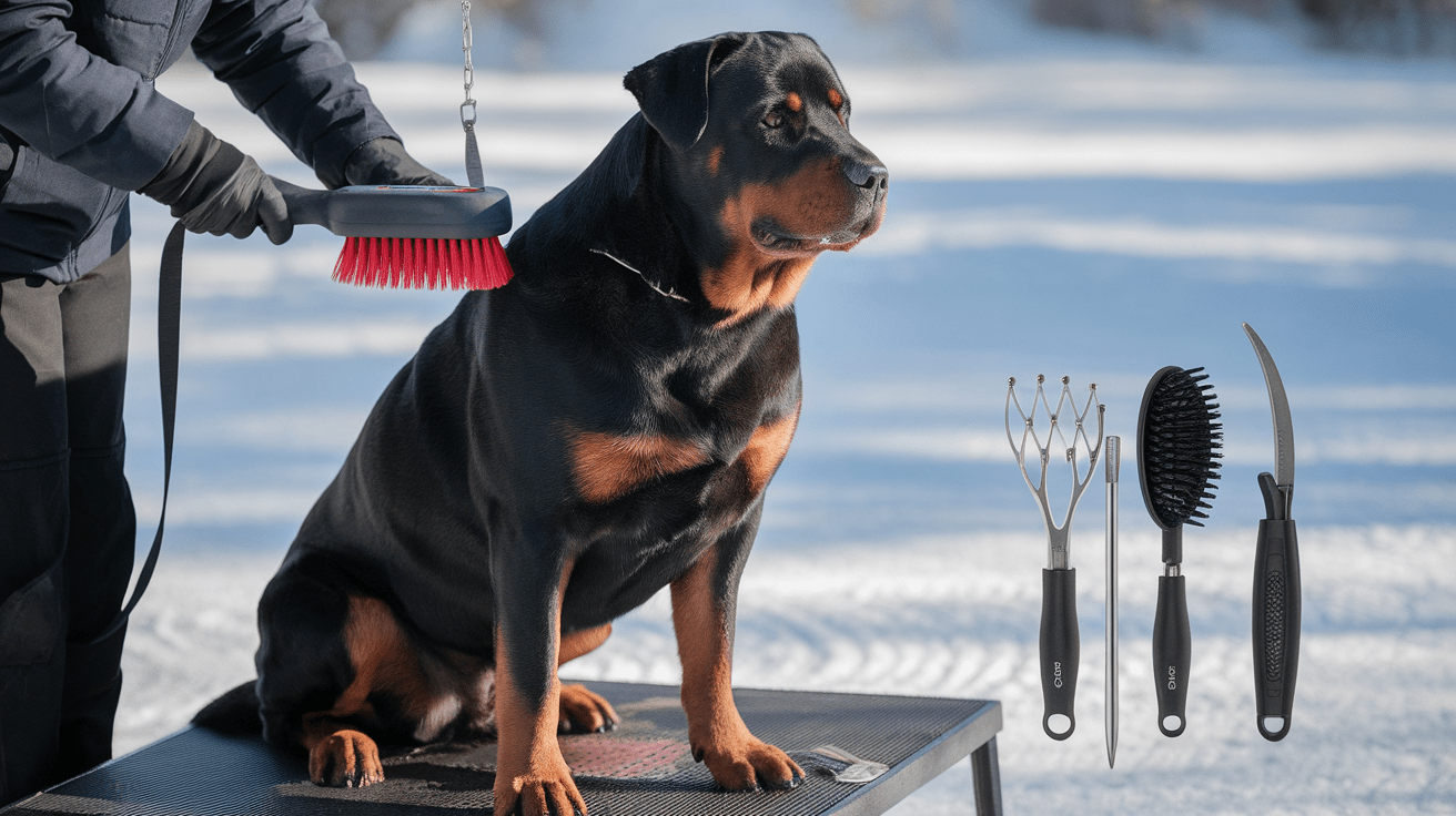 Rottweiler receiving winter coat grooming with protective boots on front paws