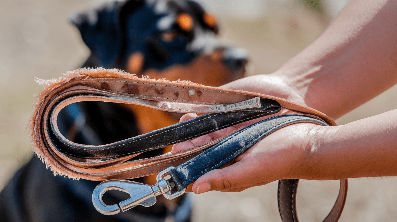 Close-up of a damaged dog leash showing fraying and wear, with a Rottweiler in the background