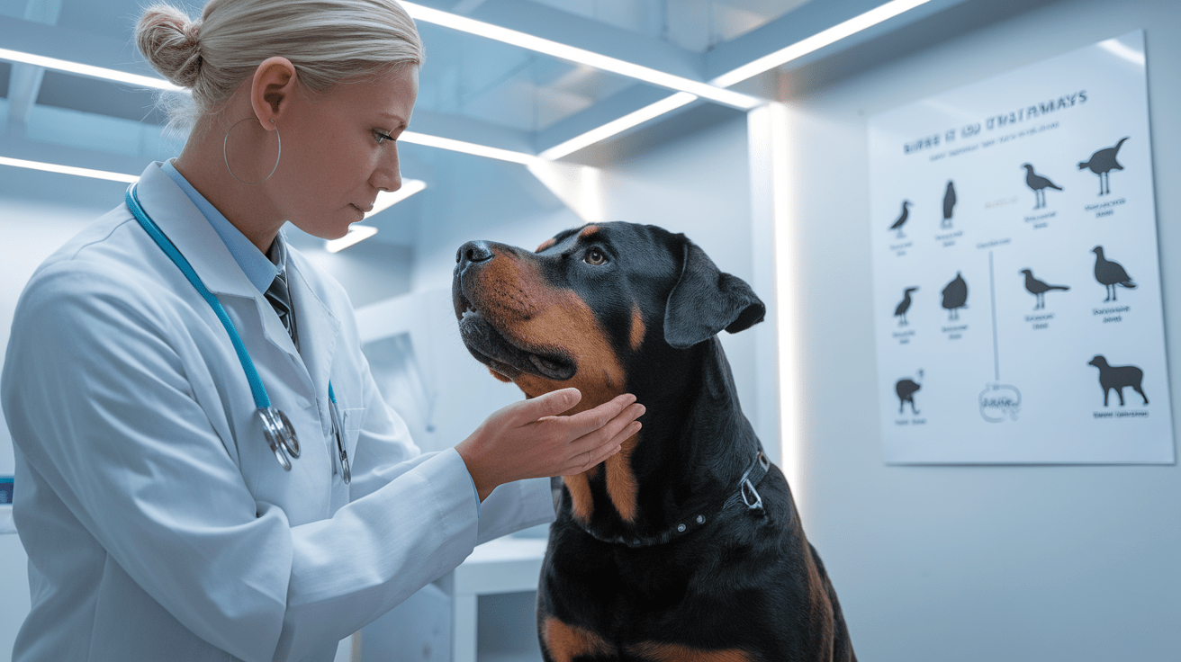 Can Rottweilers Get Bird Flu - Veterinarian examining a Rottweiler while checking for respiratory symptoms in a clinical setting