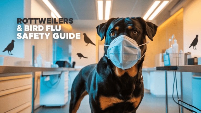 Rottweiler wearing medical mask in veterinary clinic with bird flu safety message