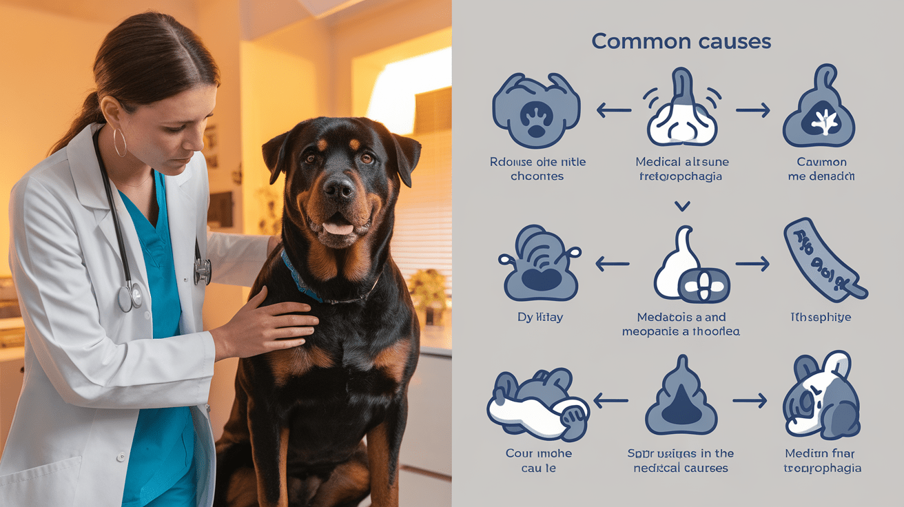 Stop Your Rottweiler from Eating Poop: Veterinarian examining Rottweiler while explaining causes of coprophagia through medical diagrams