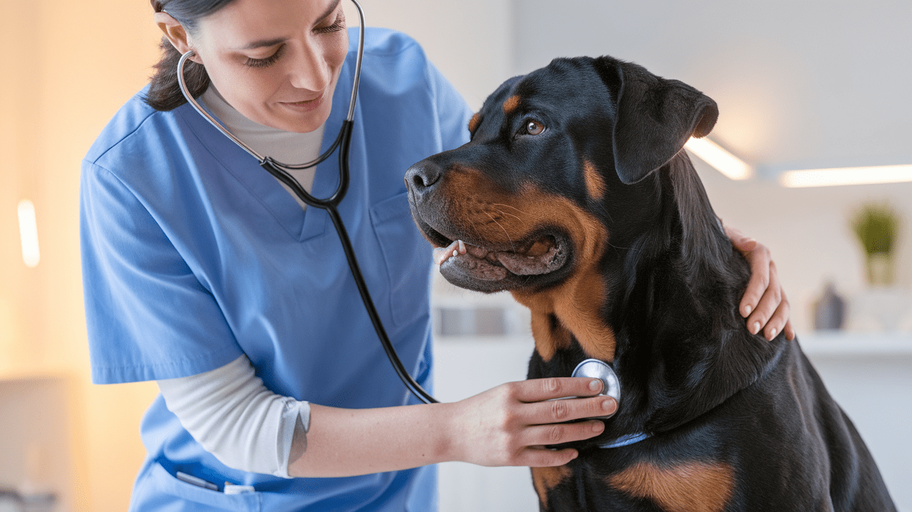 Veterinarian examining a Rottweiler with a stethoscope in a clinic setting