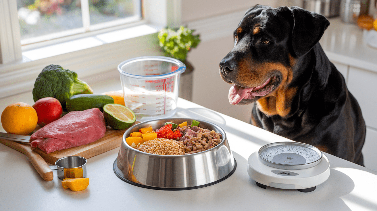 Best Homemade Rottweilers Food Recipes - Fresh ingredients and prepared homemade dog food in bowl with Rottweiler watching nearby