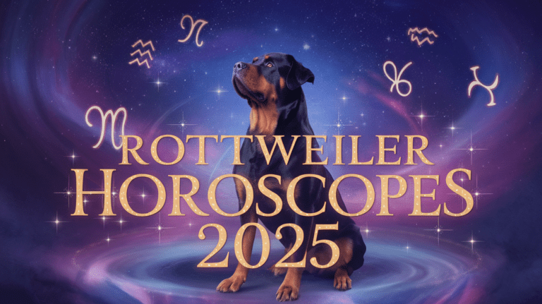 Rottweiler dog with zodiac symbols and glowing text about horoscopes for 2025