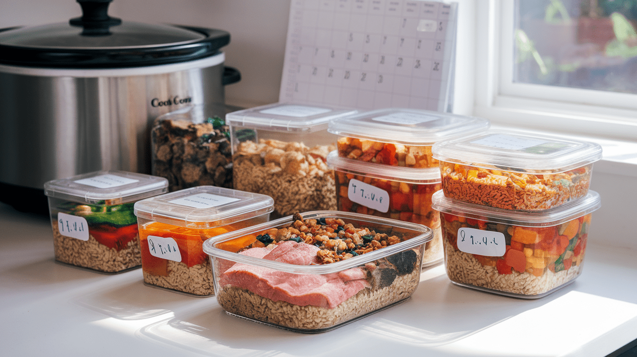 Kitchen counter with organized meal prep containers of homemade dog food and cooking equipment