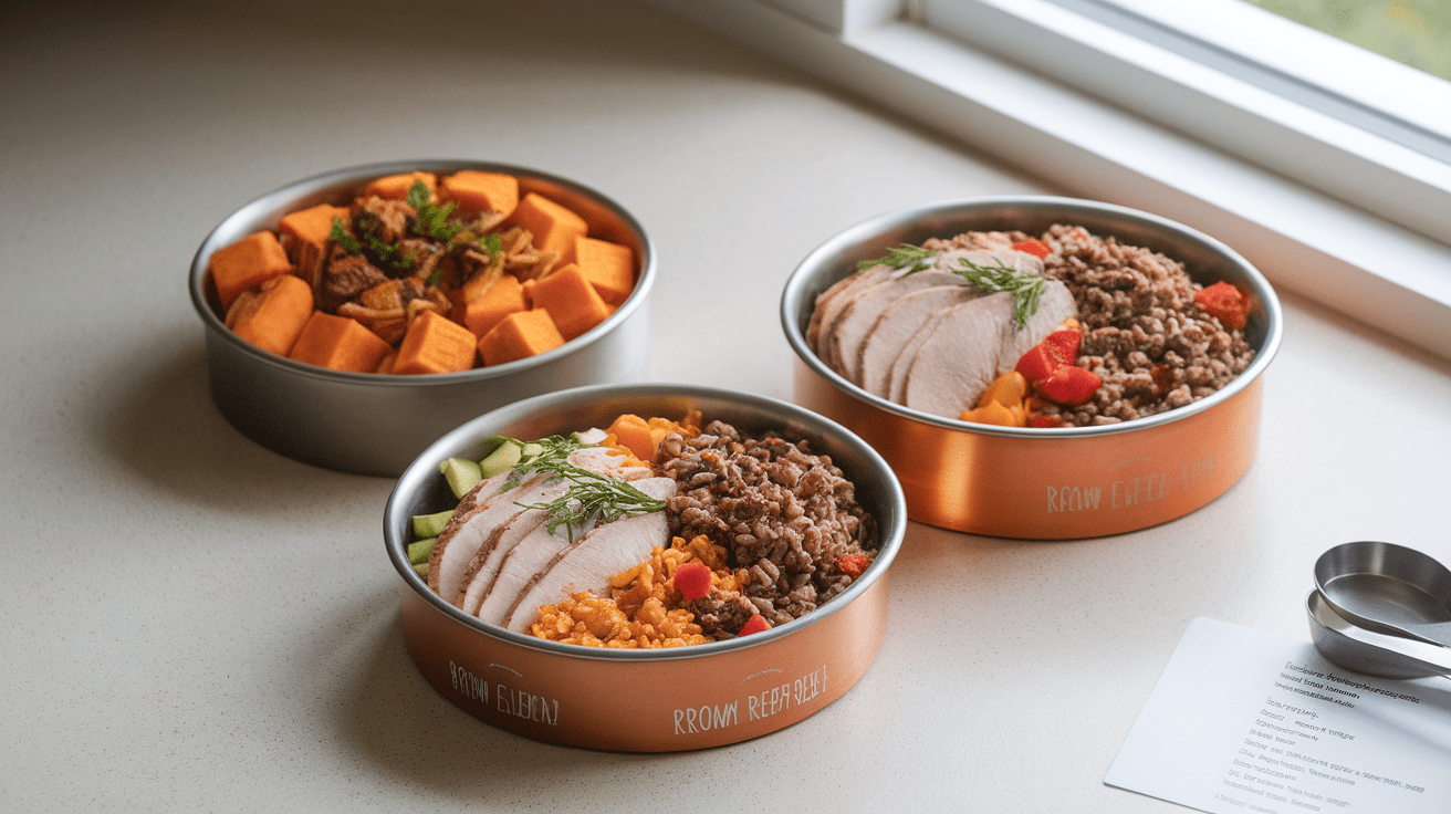 Three bowls of homemade dog food featuring different protein-rich recipes for Rottweilers