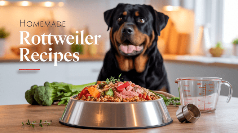 Bowl of homemade dog food with fresh ingredients and a Rottweiler in the background