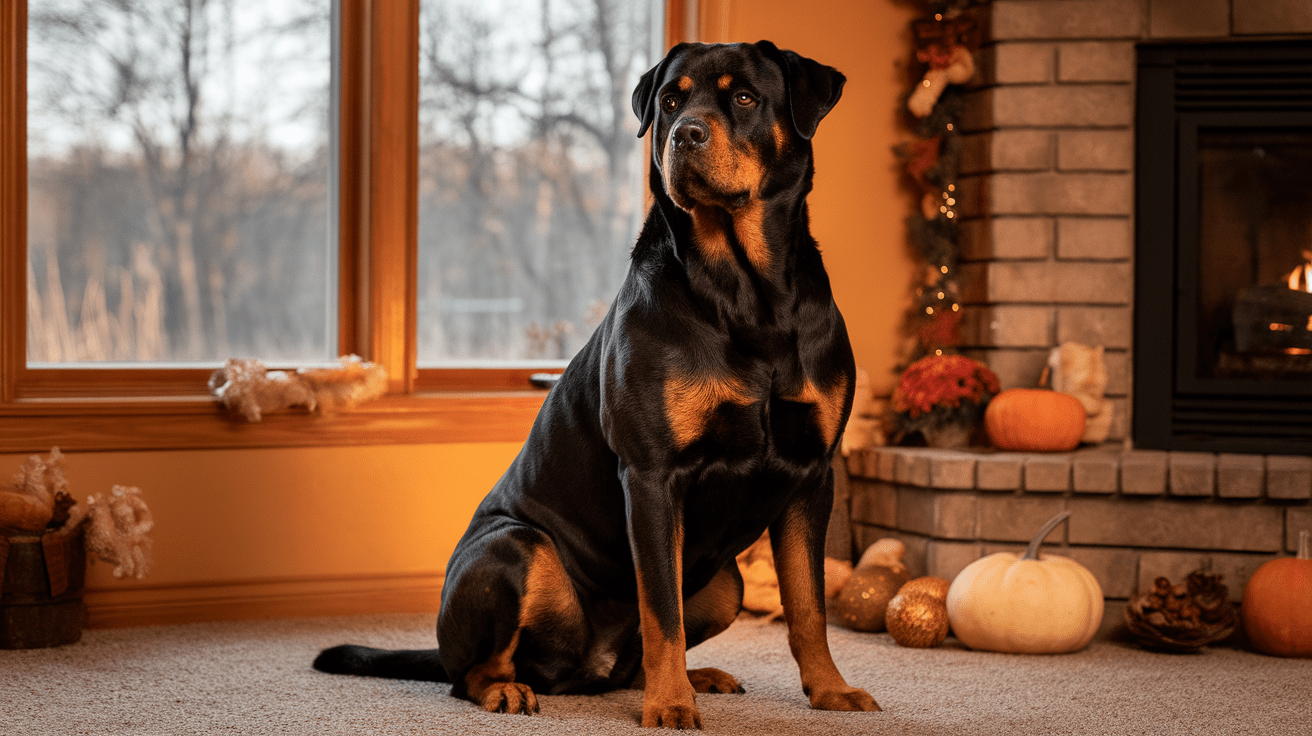 Alert Rottweiler sitting in a warmly lit room during winter season