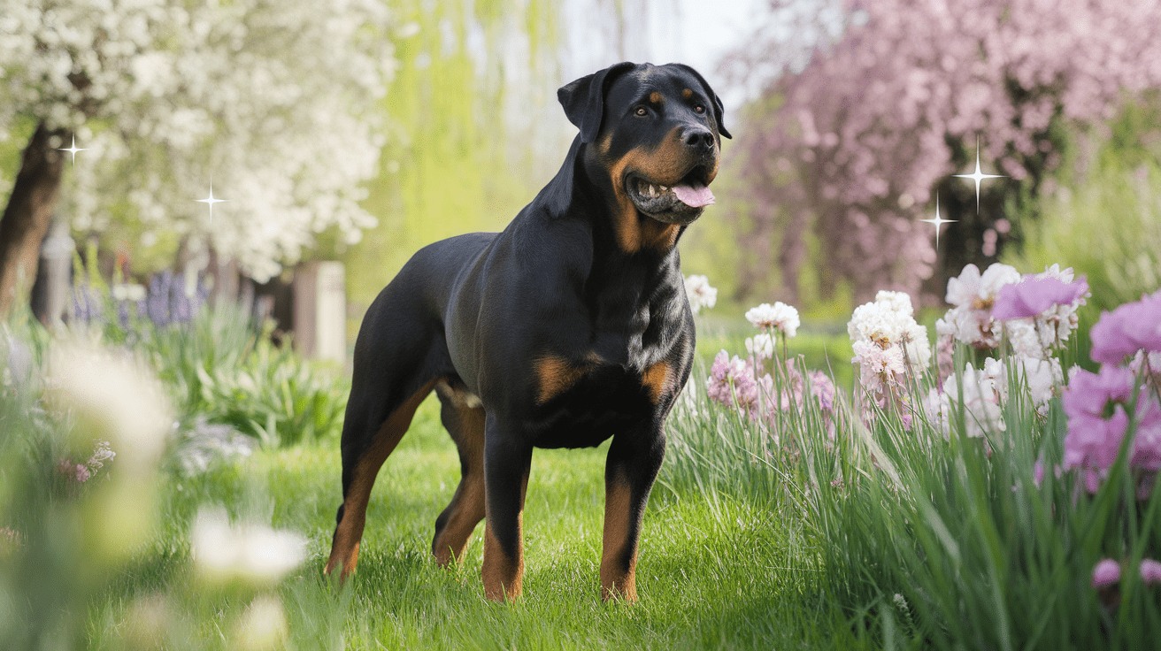 Rottweiler standing alert in a spring garden with blooming flowers and celestial elements in the sky