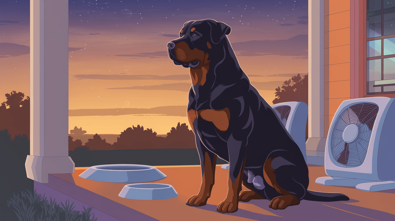 Rottweiler sitting on porch at sunset with stars visible in sky