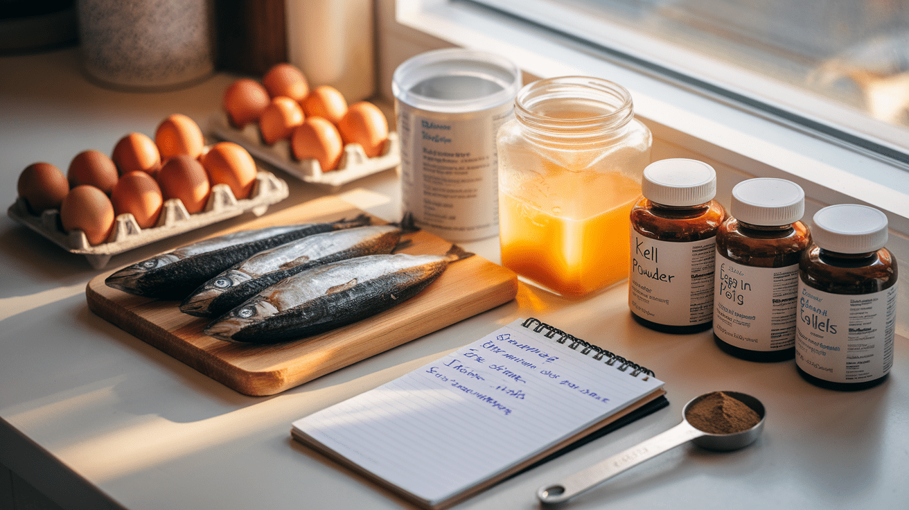 Natural supplements and ingredients for homemade dog food including eggshells, bone broth, sardines, and vitamin supplements on a kitchen counter