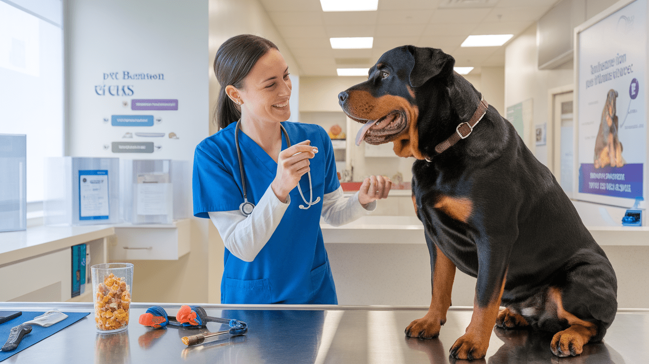 Veterinarian demonstrating positive reinforcement training with a Rottweiler in a clinical setting