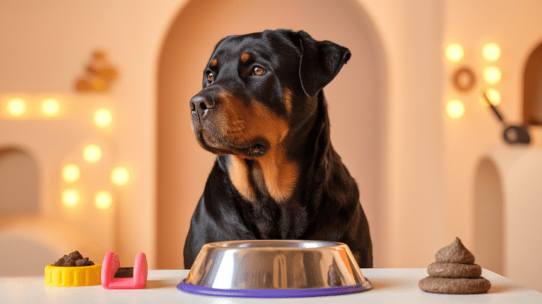 A well-behaved Rottweiler turning away from a bowl, with text about stopping poop eating and training tools visible