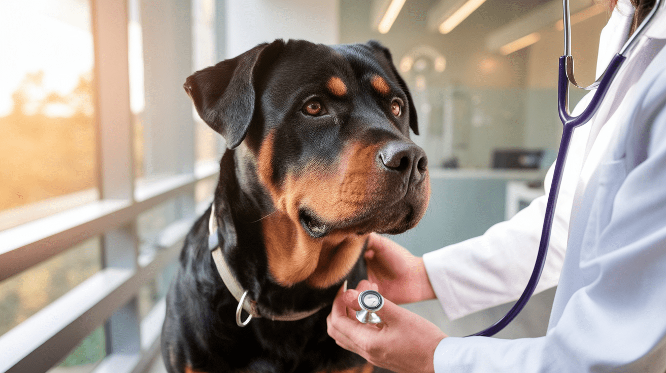 Rottweiler being examined by veterinarian during health check-up