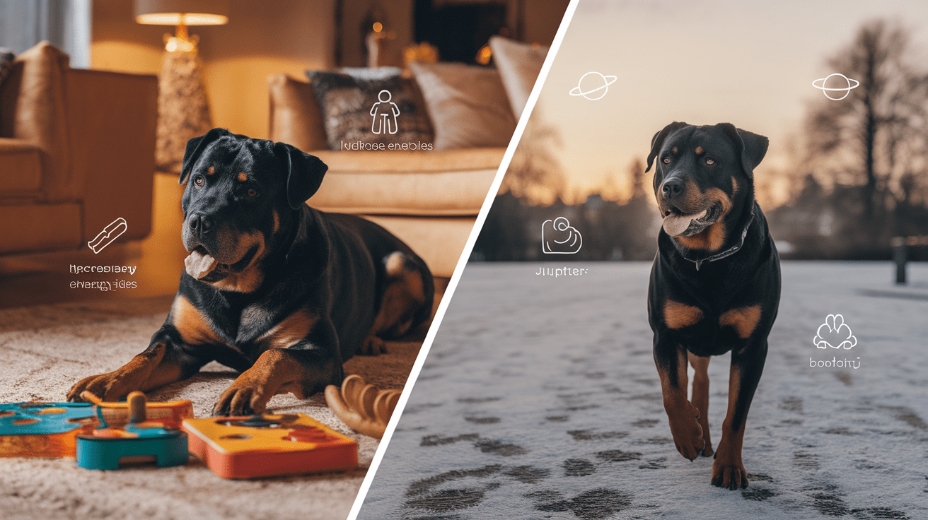 Split-screen illustration of a Rottweiler's winter activities: indoor play and morning walk in snow